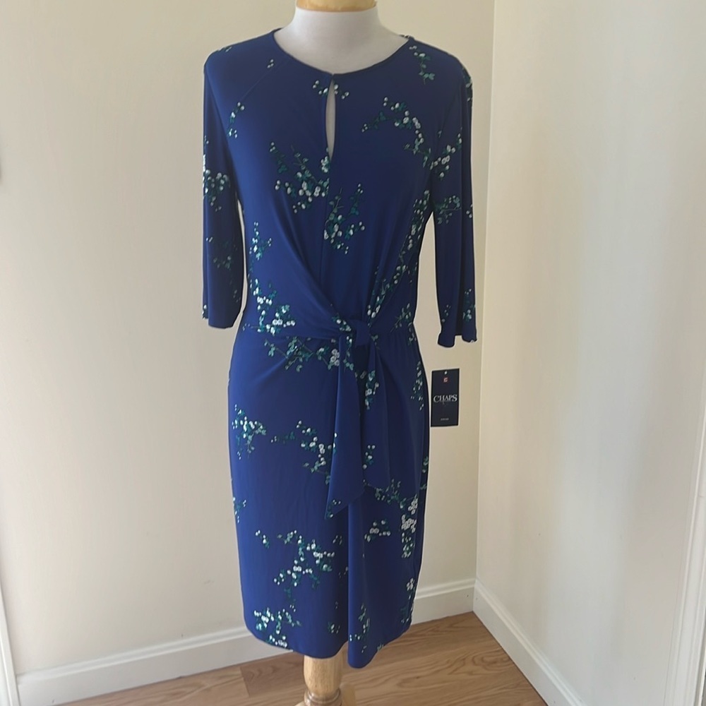 New! Chaps medium blue floral waist knot dress.